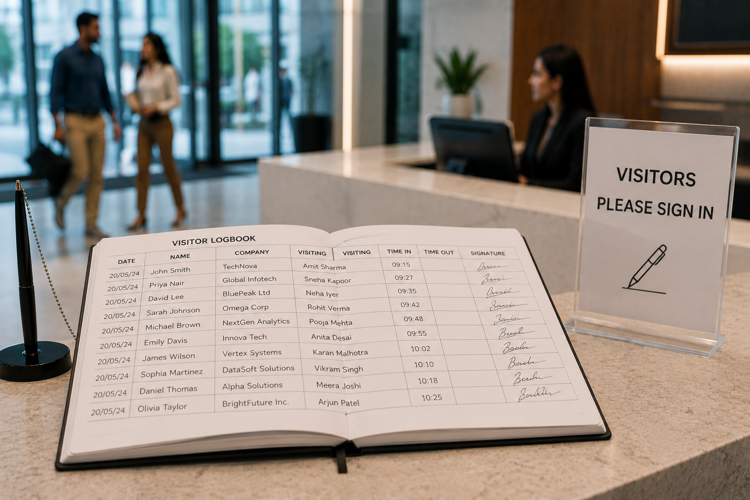 Paper visitor log with multiple names and times visible at once