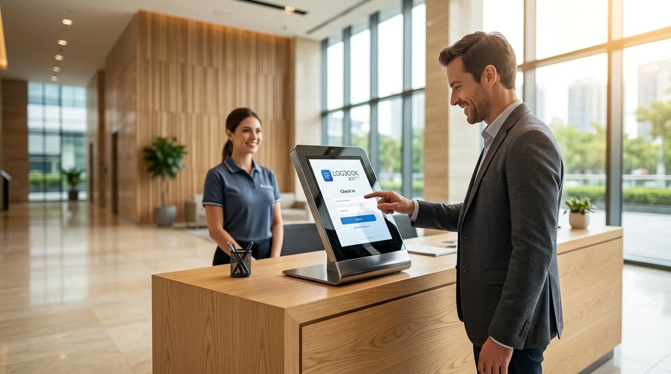 Visitor checking in on a LogBook360 kiosk in a modern corporate office lobby