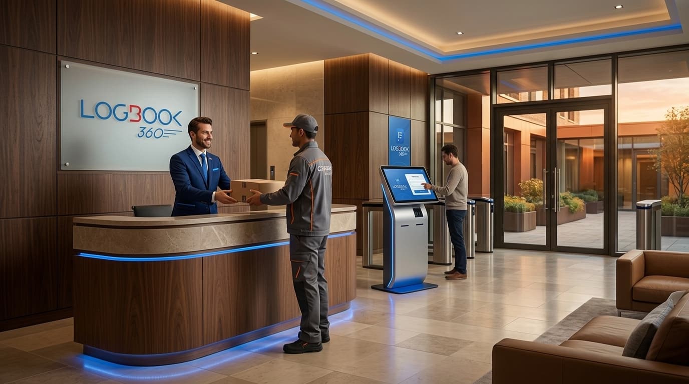 Guest checking in at a residential building concierge desk using LogBook360