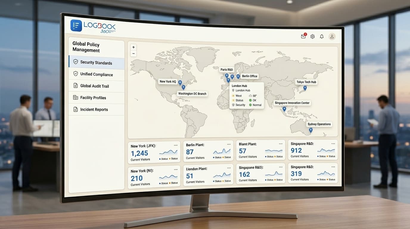 LogBook360 enterprise dashboard showing visitor activity across multiple locations on a map