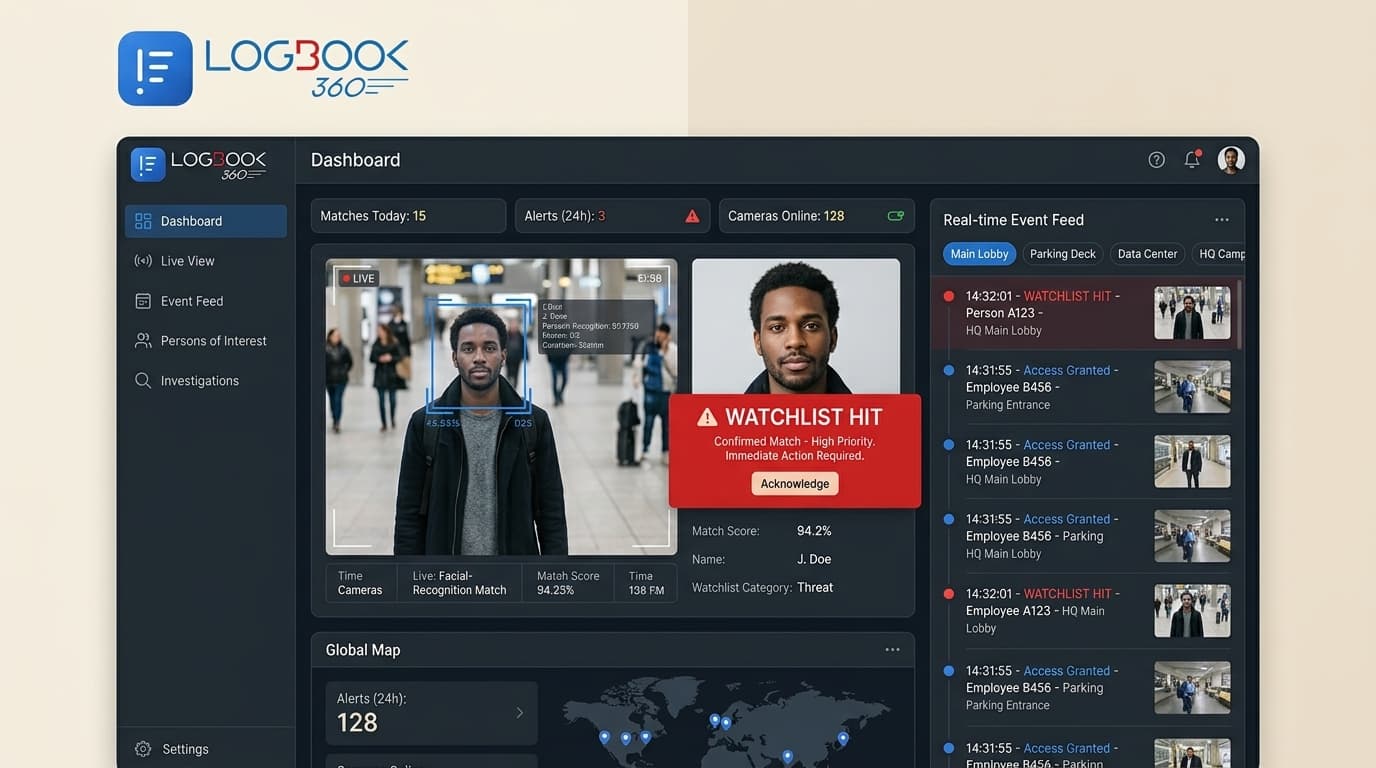 LogBook360 AI security dashboard showing facial recognition matches and watchlist screening