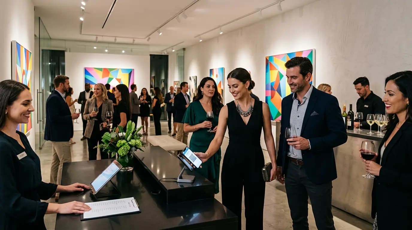 Guests arriving at an art gallery