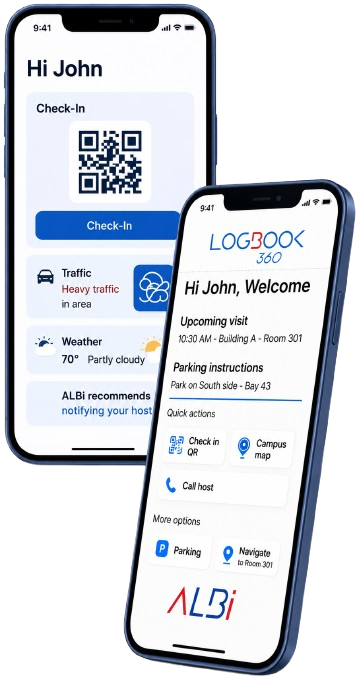 LogBook360 mobile app with ALBi: visitor check-in with QR badge, traffic and weather insights, and a personalized welcome screen with quick actions