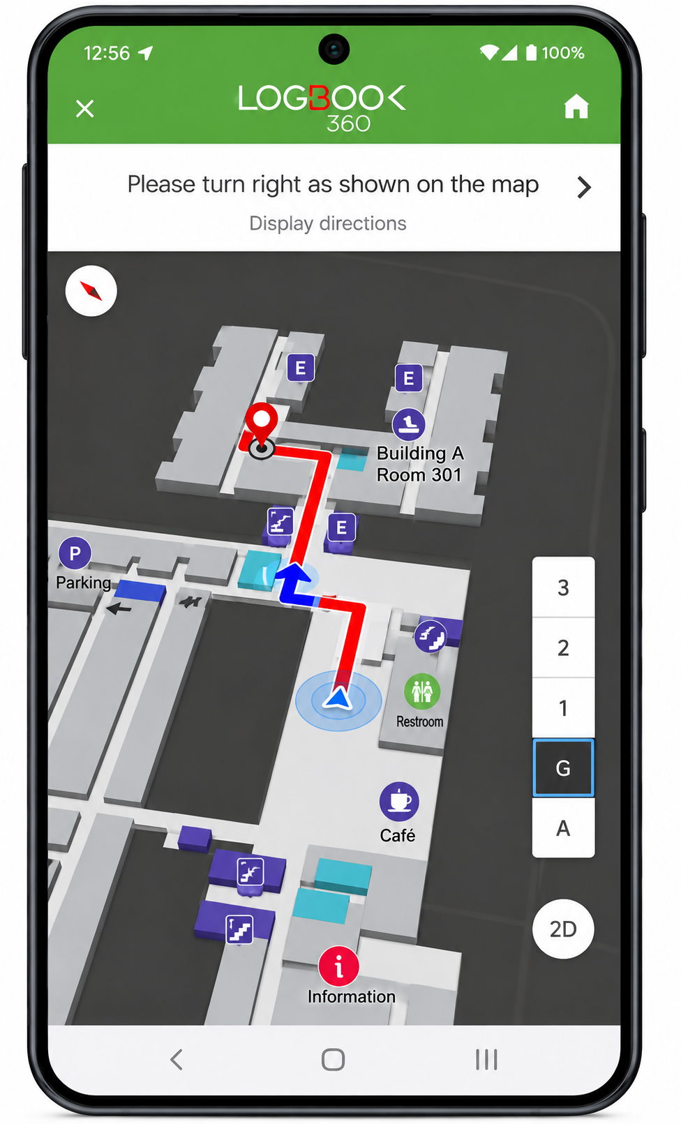 ALBi turn-by-turn indoor navigation on a phone, guiding a visitor to Building A Room 301 across a facility floor map