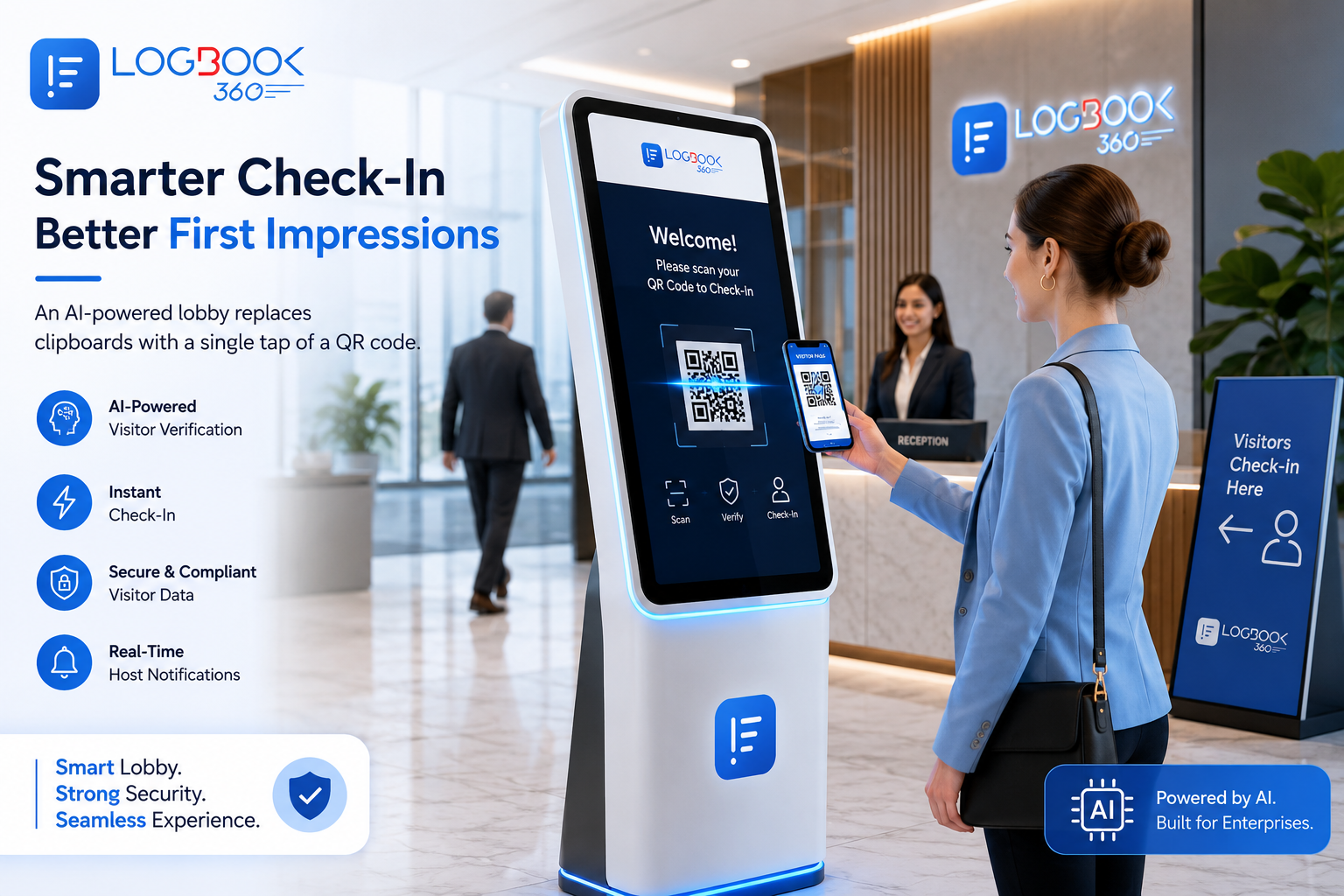 Modern enterprise lobby with AI-powered visitor check-in kiosk