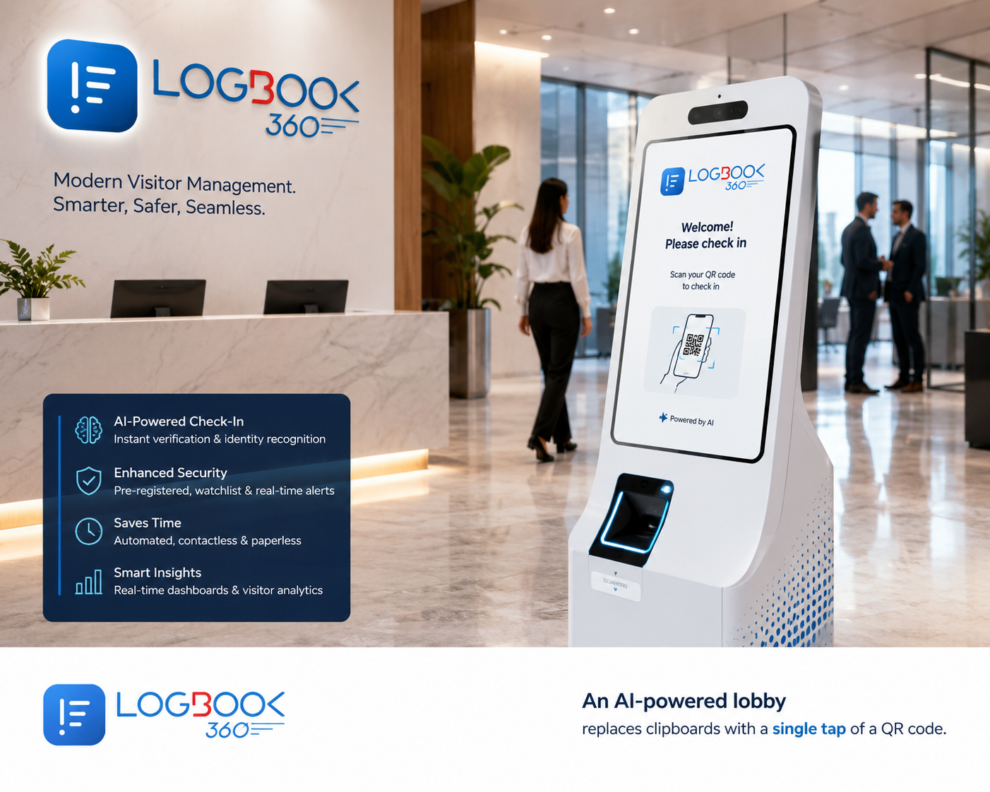 Visitor scanning QR code at LogBook360 kiosk in office lobby
