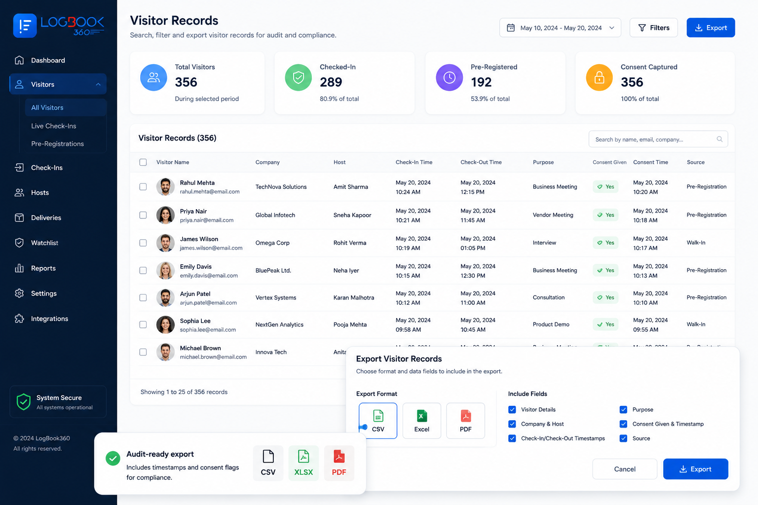 Audit-ready export of visitor records with timestamps and consent flags