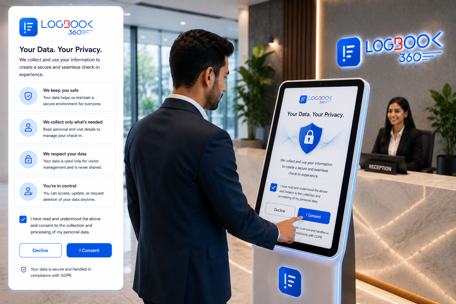 Person at reception desk reviewing a visitor data consent screen