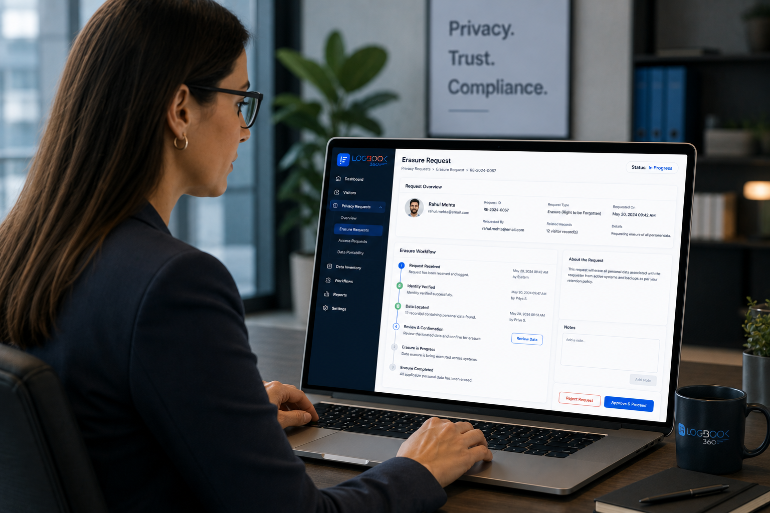 Privacy officer reviewing an erasure request workflow on a laptop