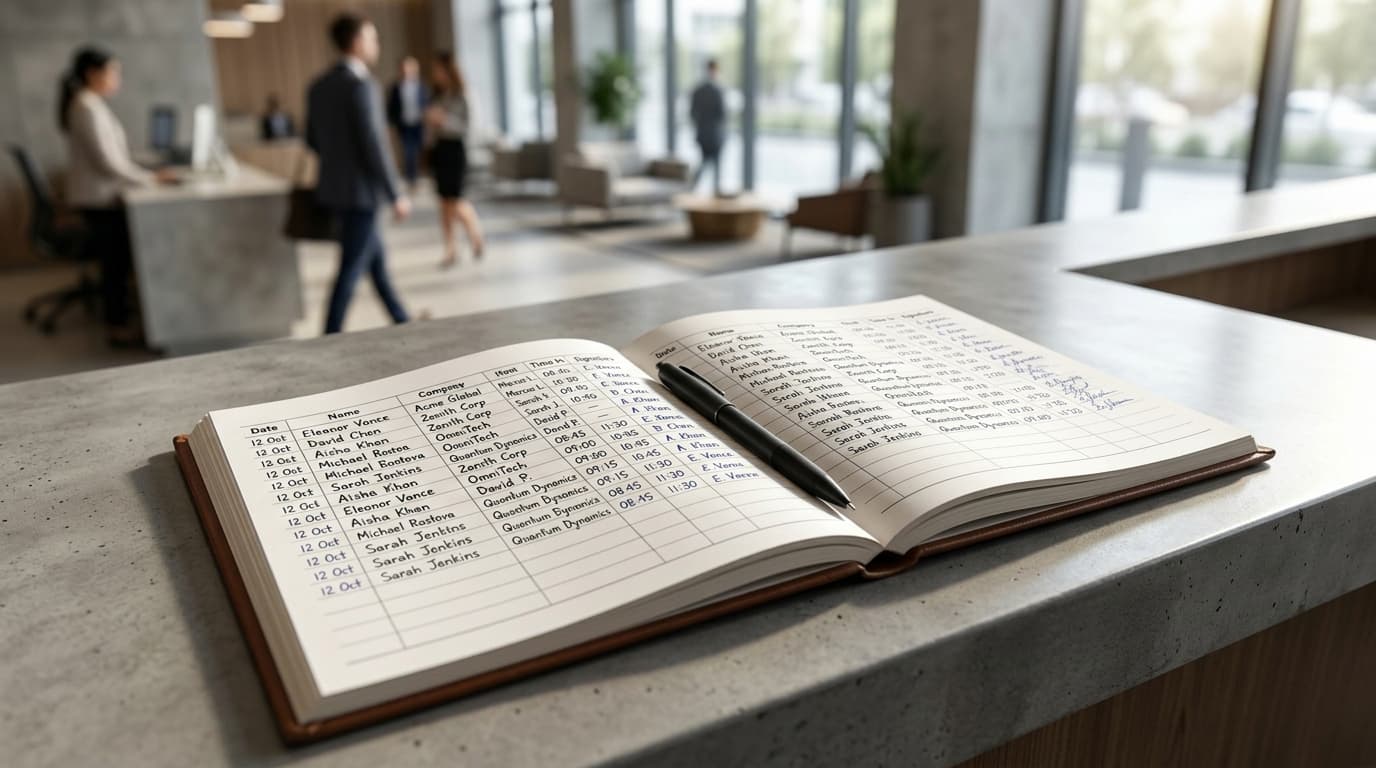 Open paper visitor logbook on a reception desk with names visible to anyone walking by