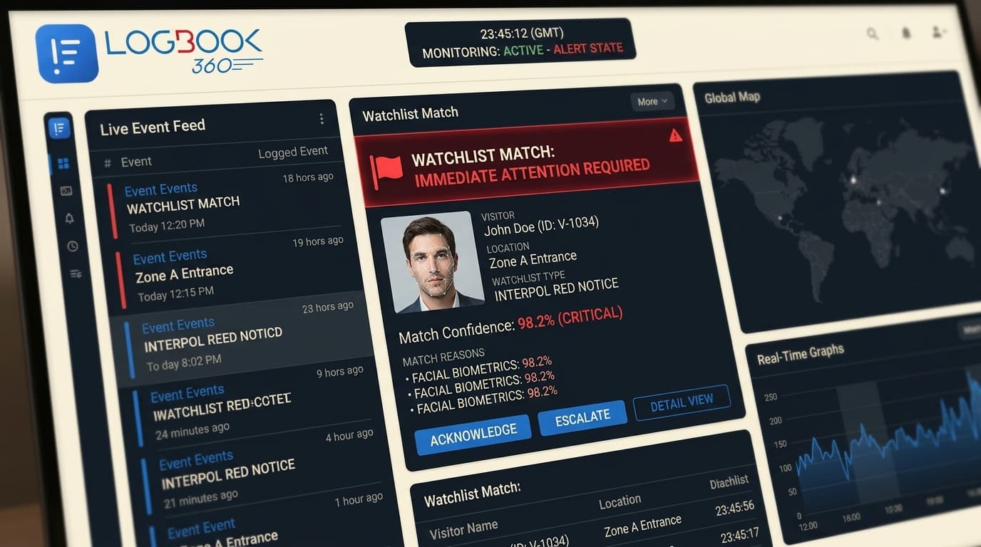Security operations dashboard showing a flagged visitor with watchlist match details