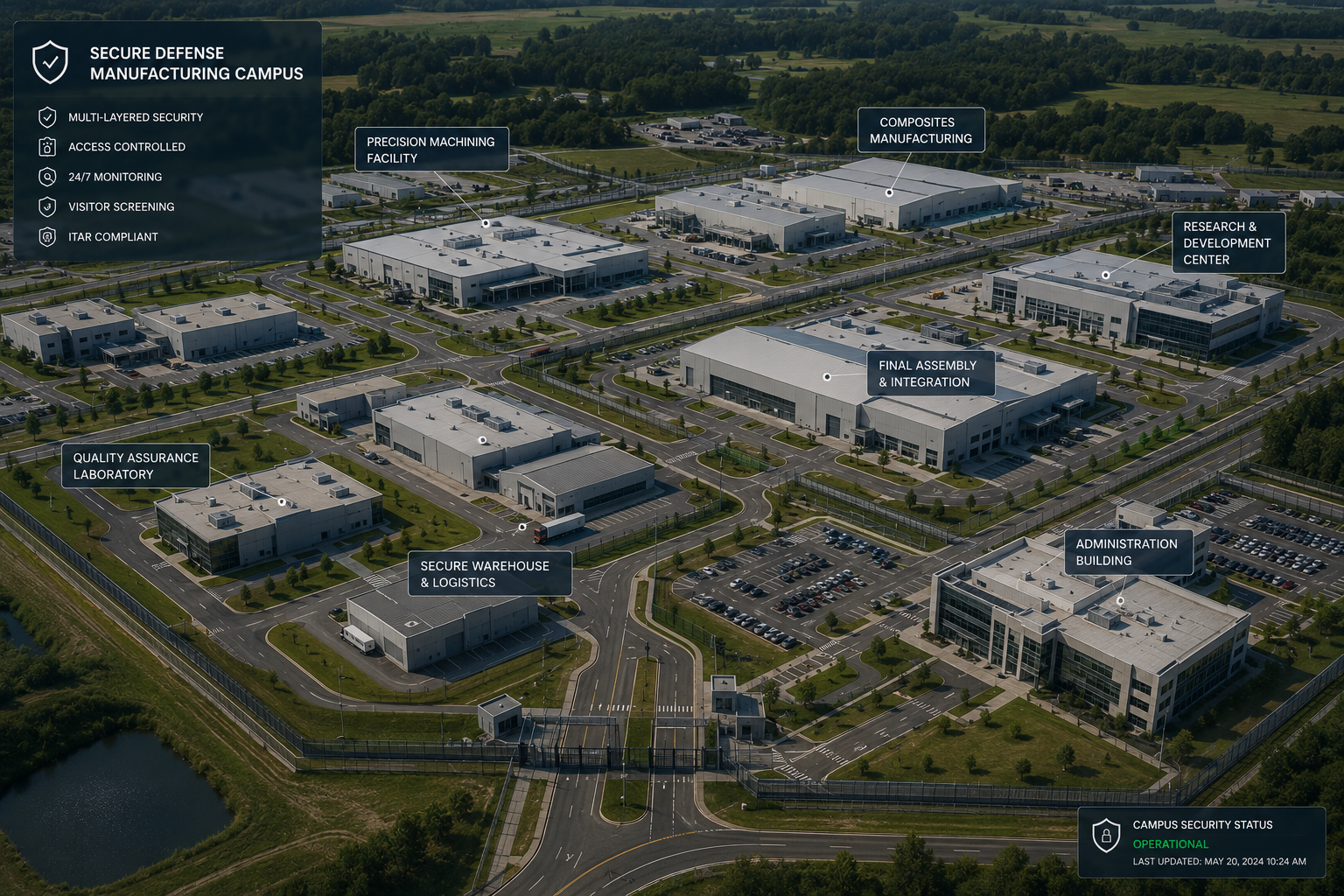 Anonymized aerial view of a defense manufacturing campus with multiple secure facilities