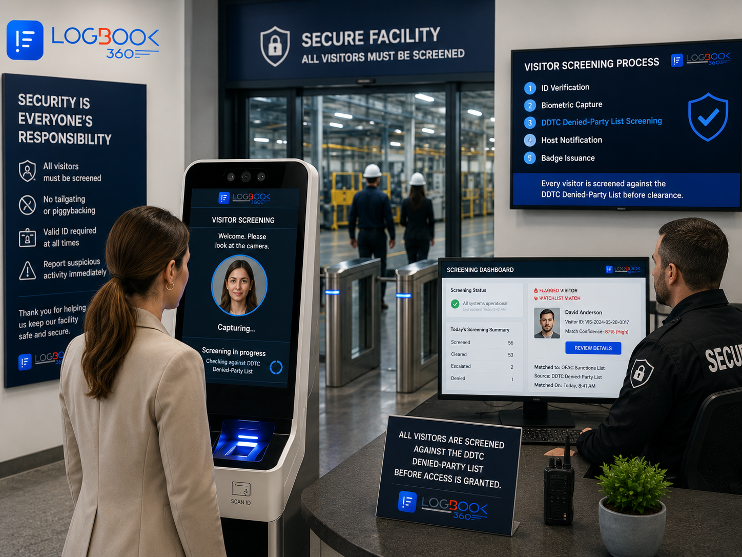 Secure manufacturing facility lobby with biometric kiosk for visitor screening