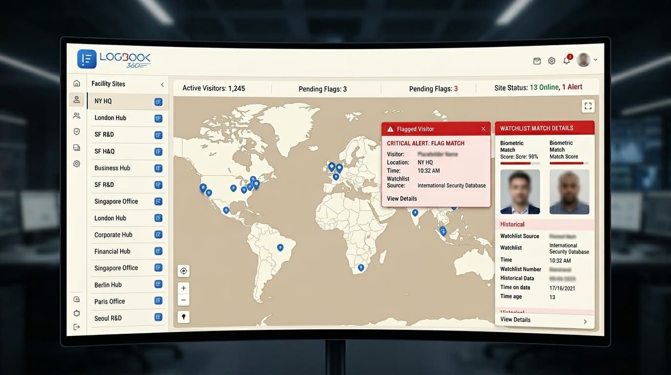 Visitor management dashboard showing real-time flagged visitors across multiple sites