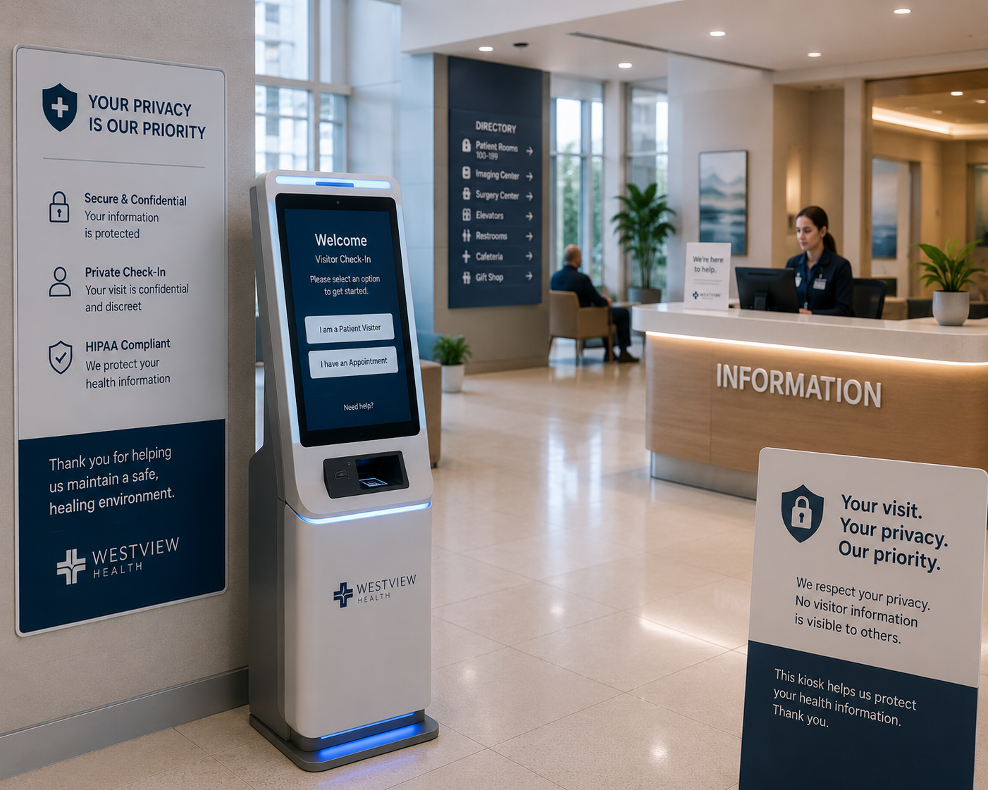 Modern hospital lobby with discrete visitor check-in kiosk near the information desk