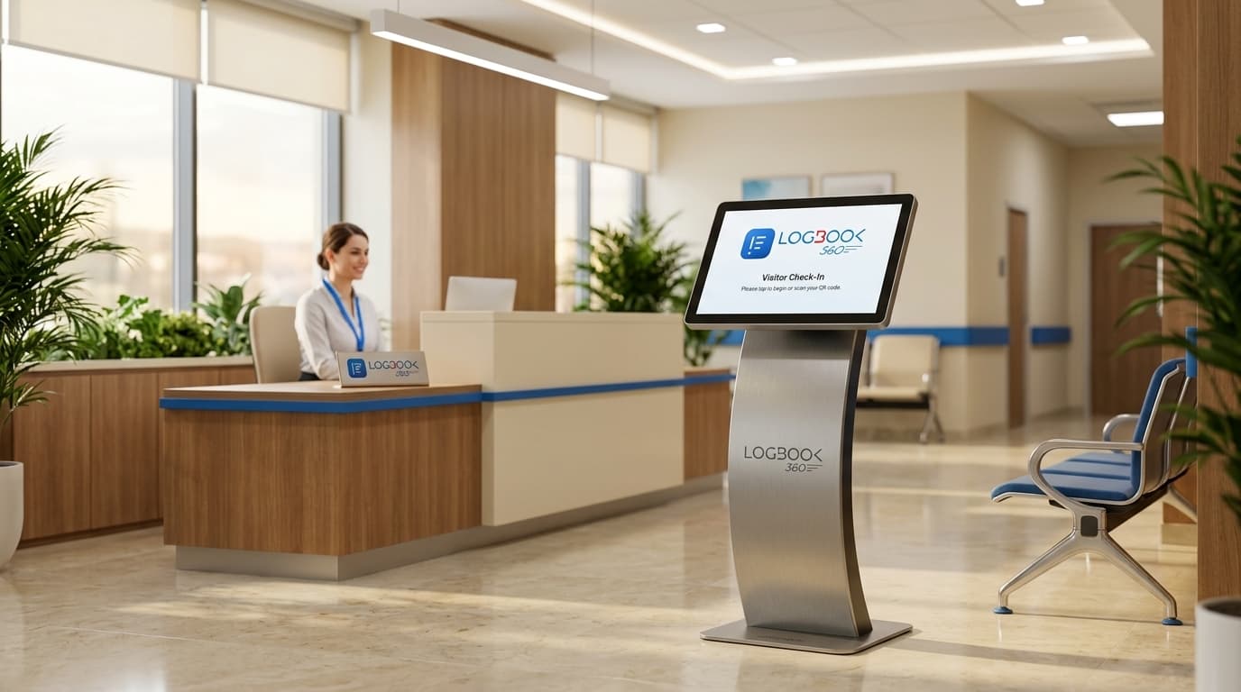 Hospital reception area with visitor management kiosk on a freestanding stand