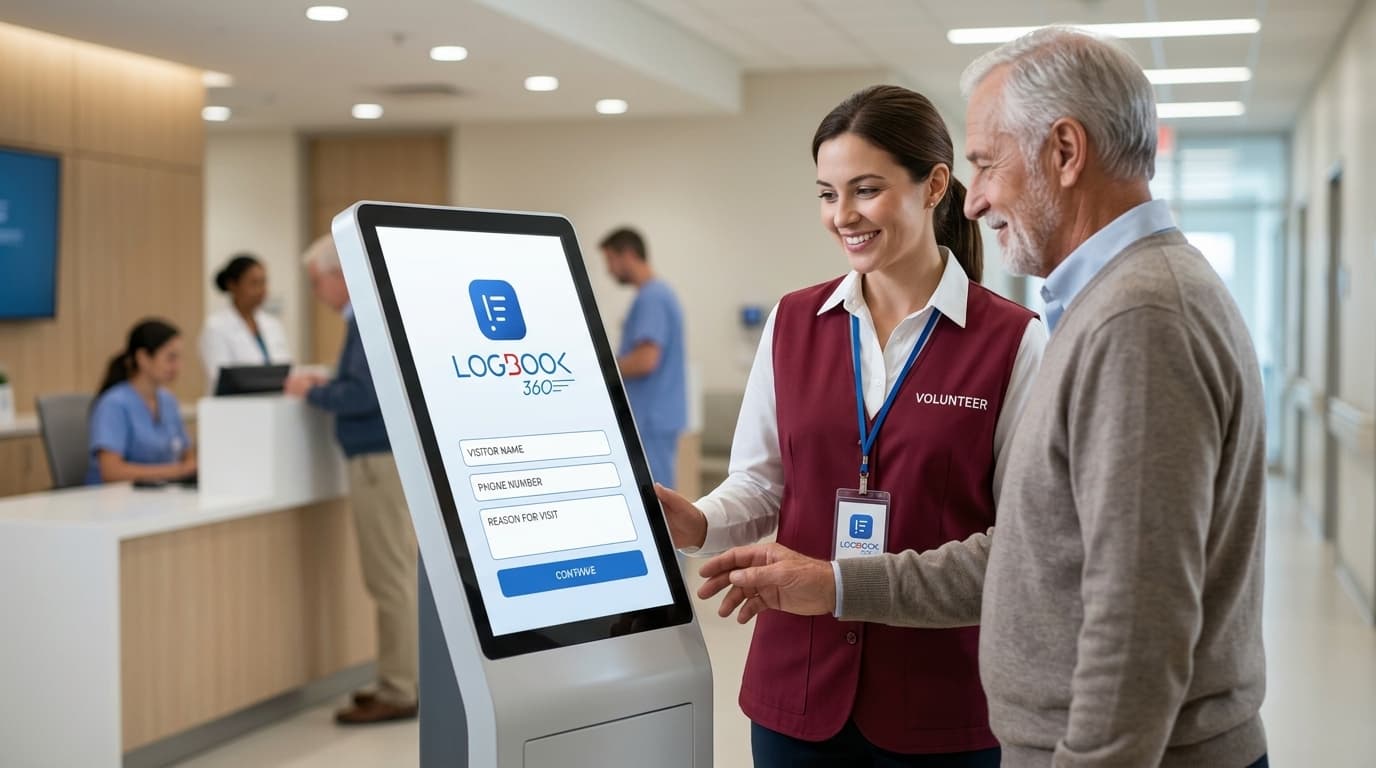 Volunteer at a hospital information desk assisting a visitor with the check-in kiosk