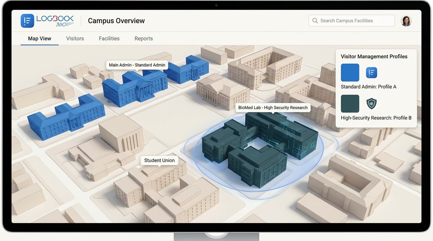 University campus map showing buildings color-coded by visitor management profile