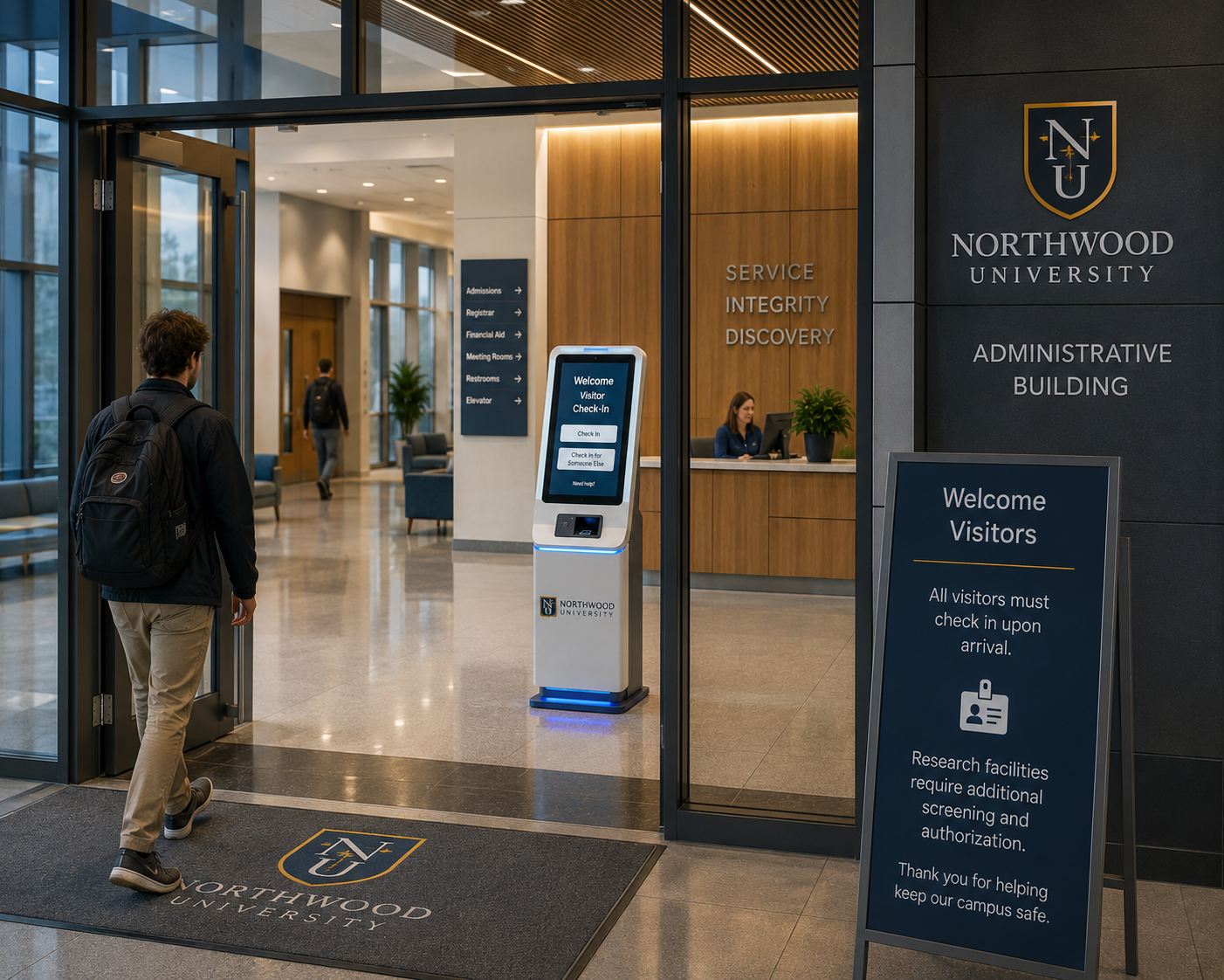 Modern university administrative building entrance with check-in kiosk visible inside