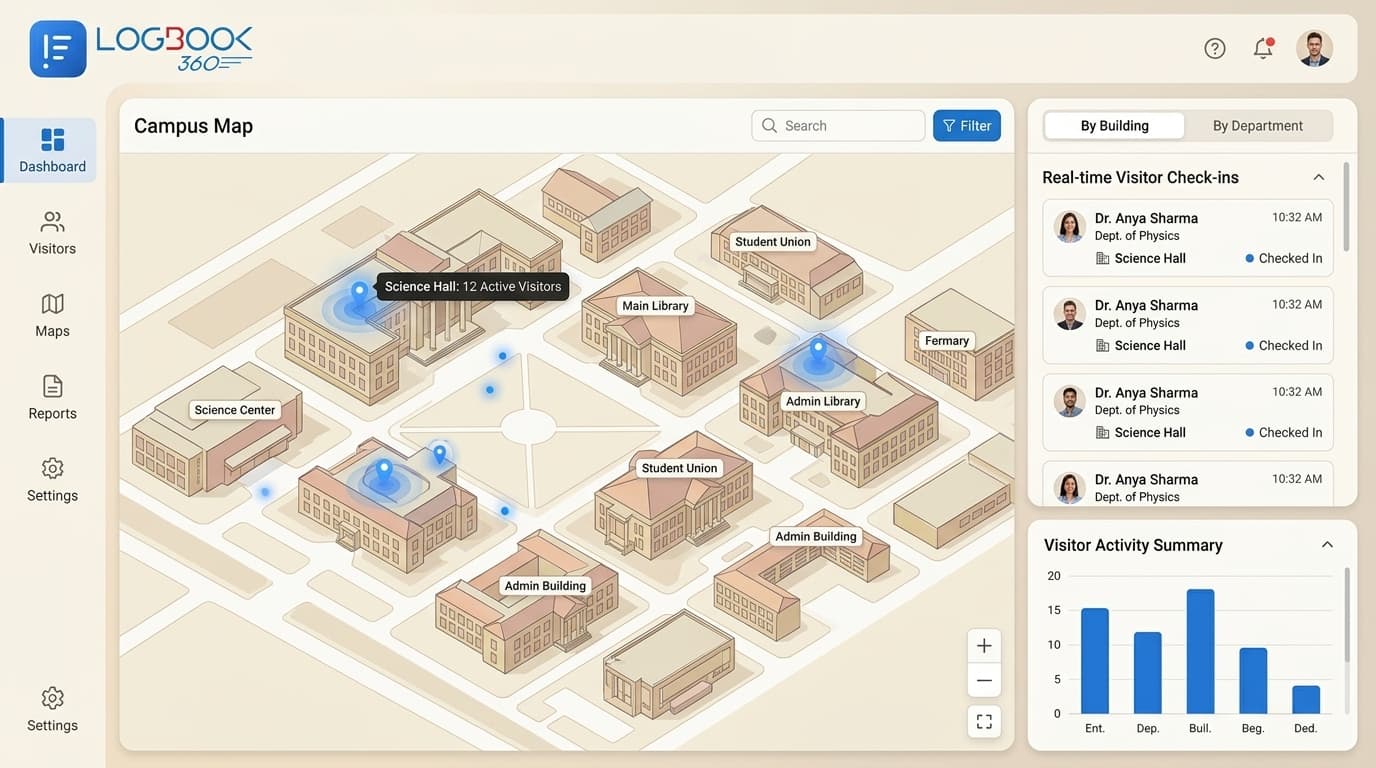 Visitor management dashboard with campus map and live activity per building