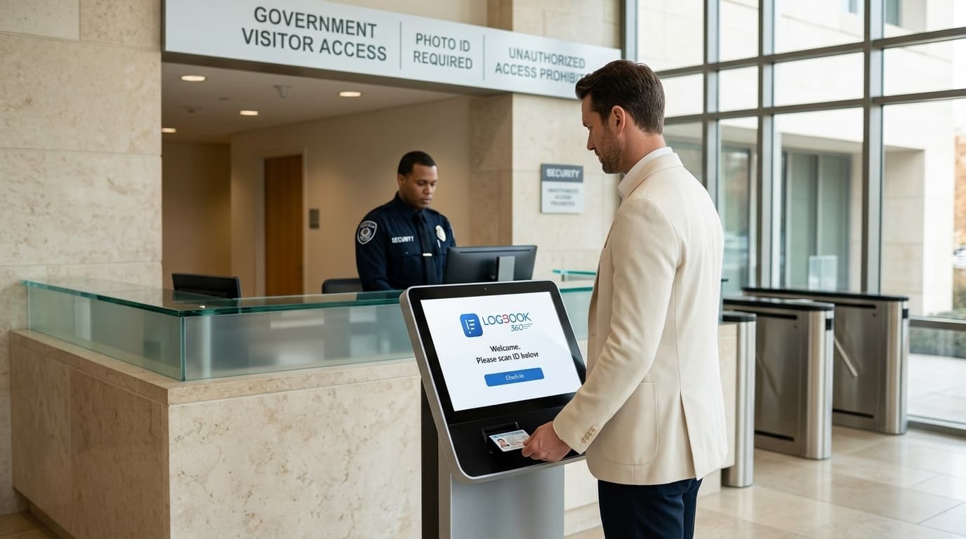 Visitor verifying identity at a government building security checkpoint with LogBook360