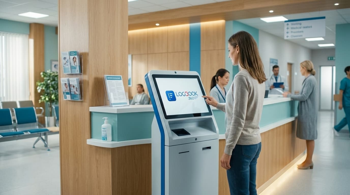 Family member checking in at a hospital visitor desk using LogBook360