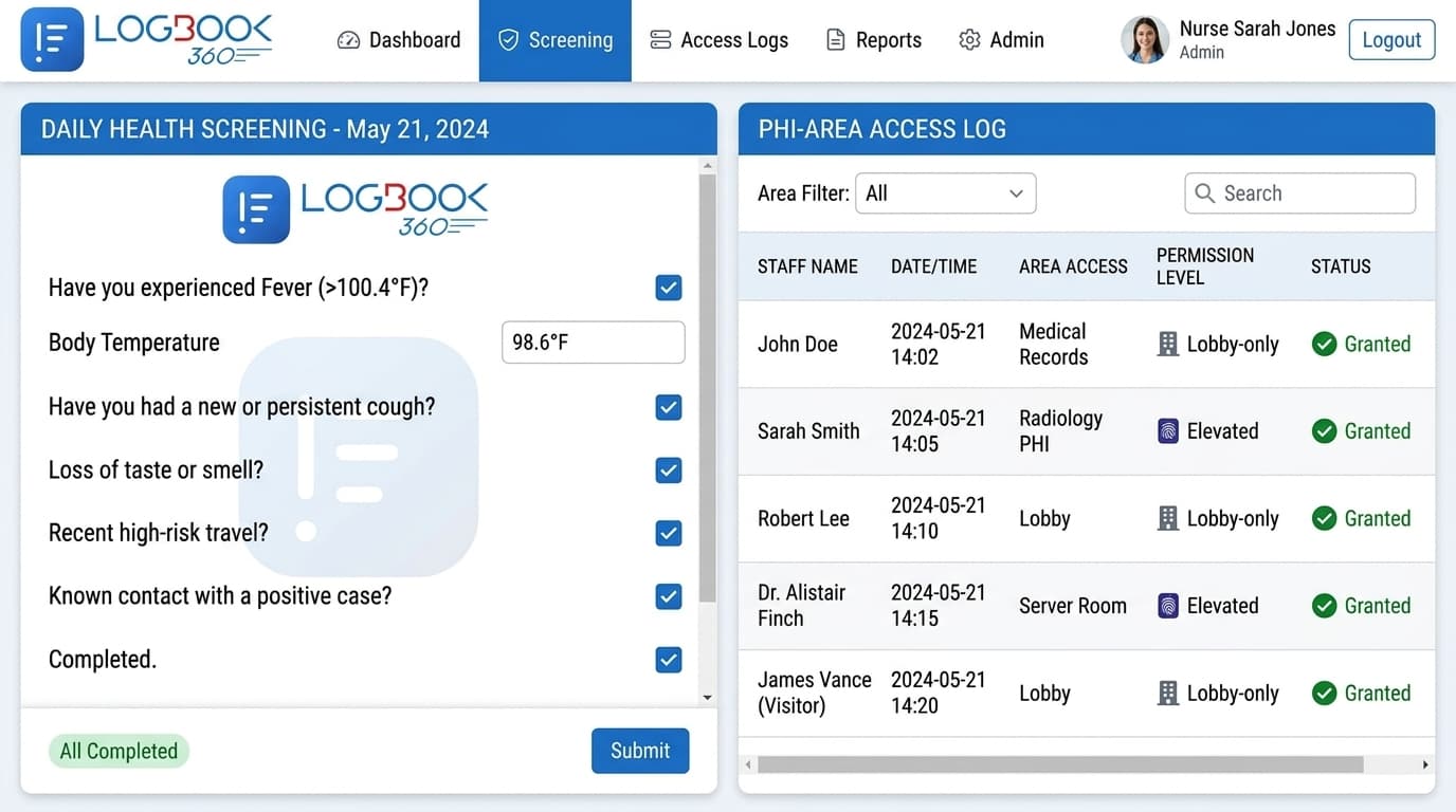 LogBook360 health screening questionnaire and PHI-area access log for healthcare visitors