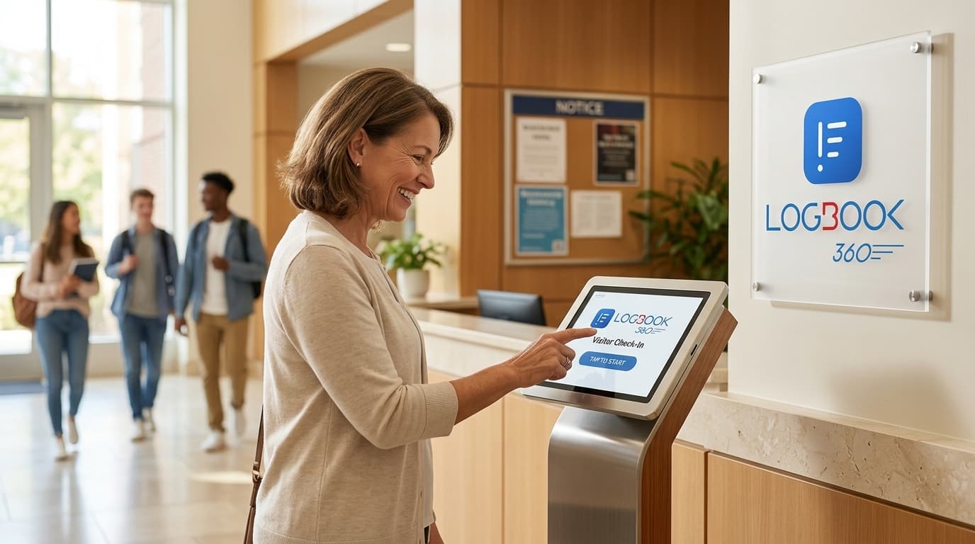 Visitor checking in at a university department reception using LogBook360
