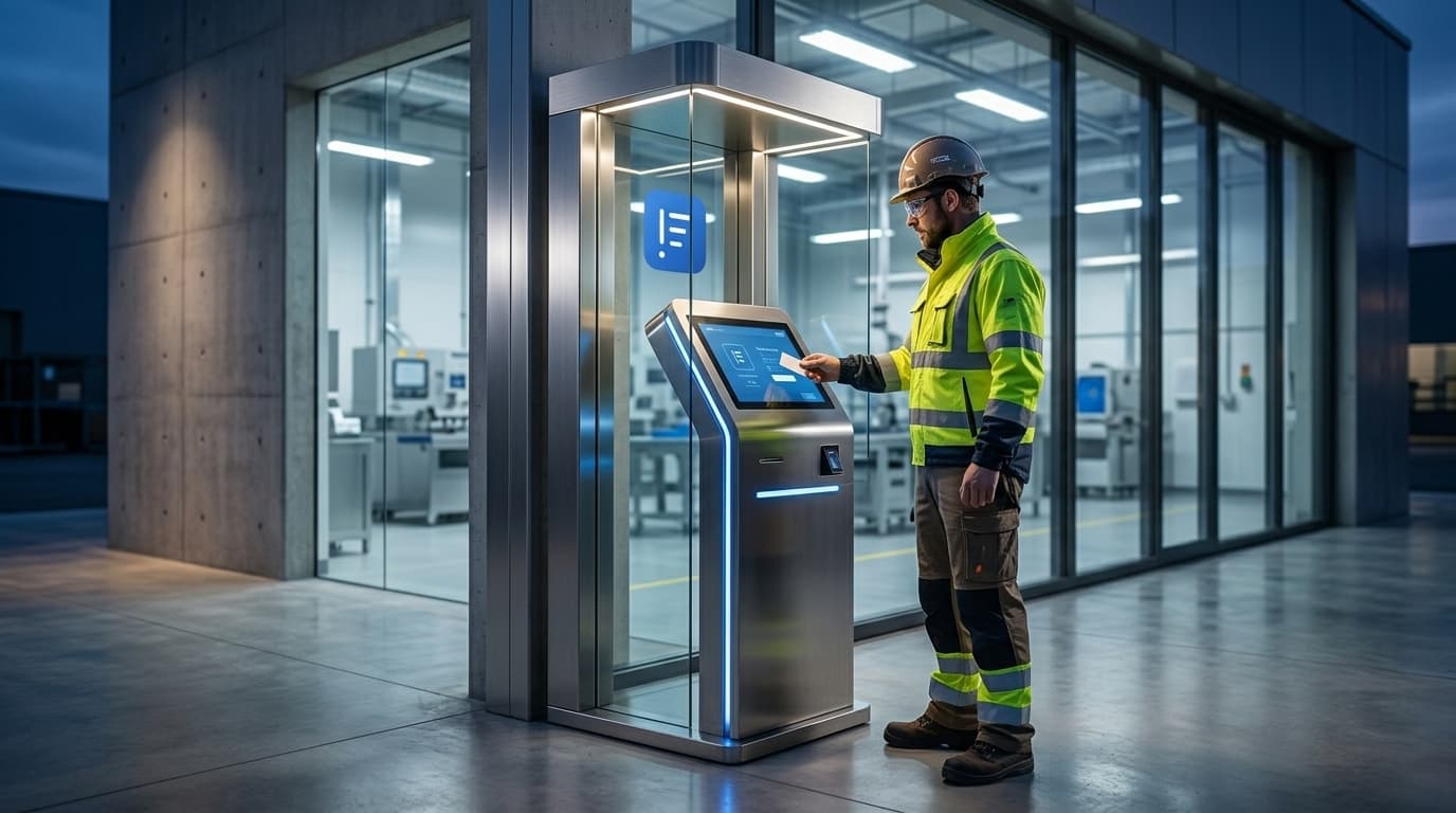 Contractor in PPE checking in at a manufacturing plant gate with LogBook360