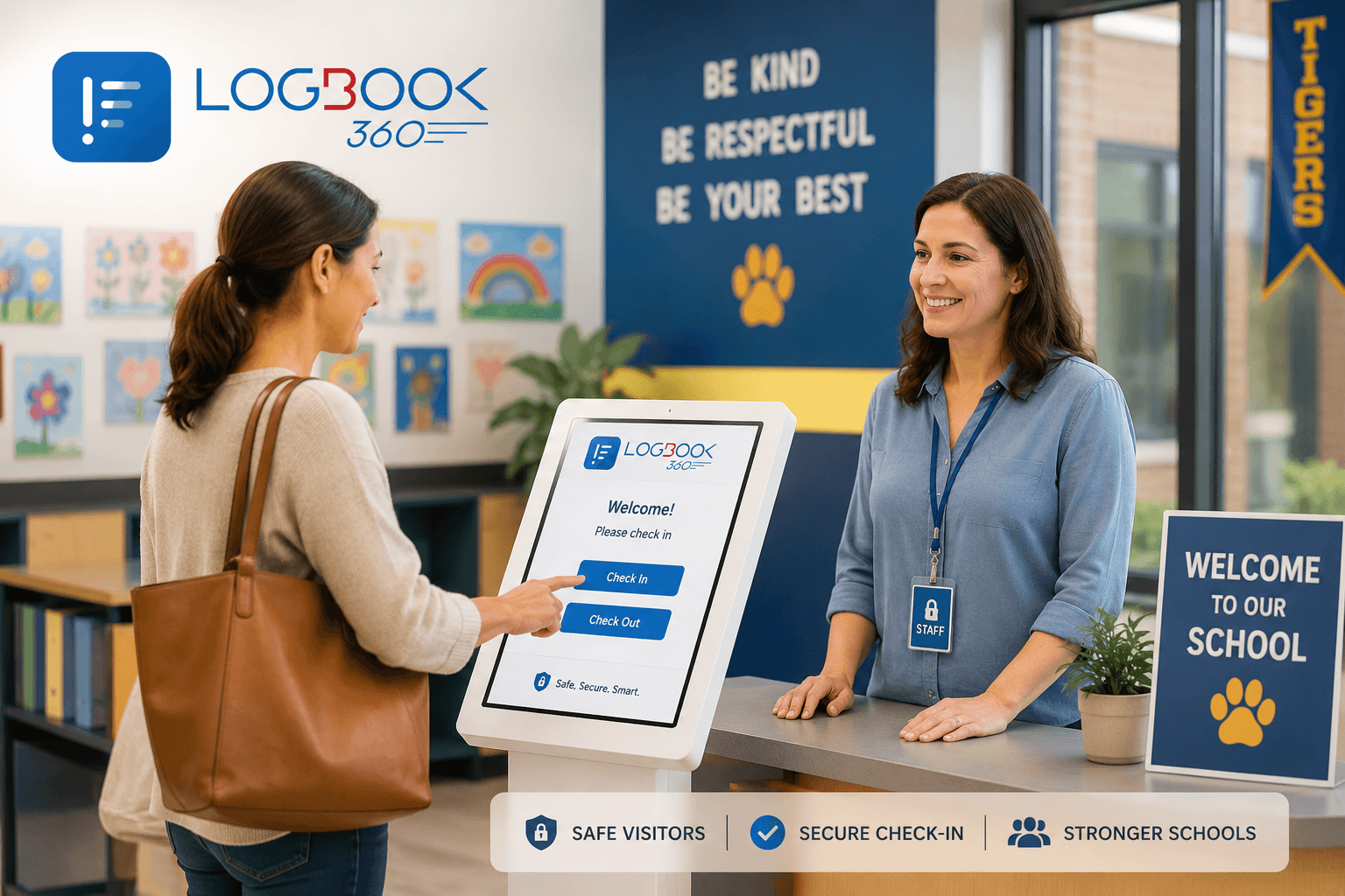 Parent checking in at a school front office using the LogBook360 visitor kiosk