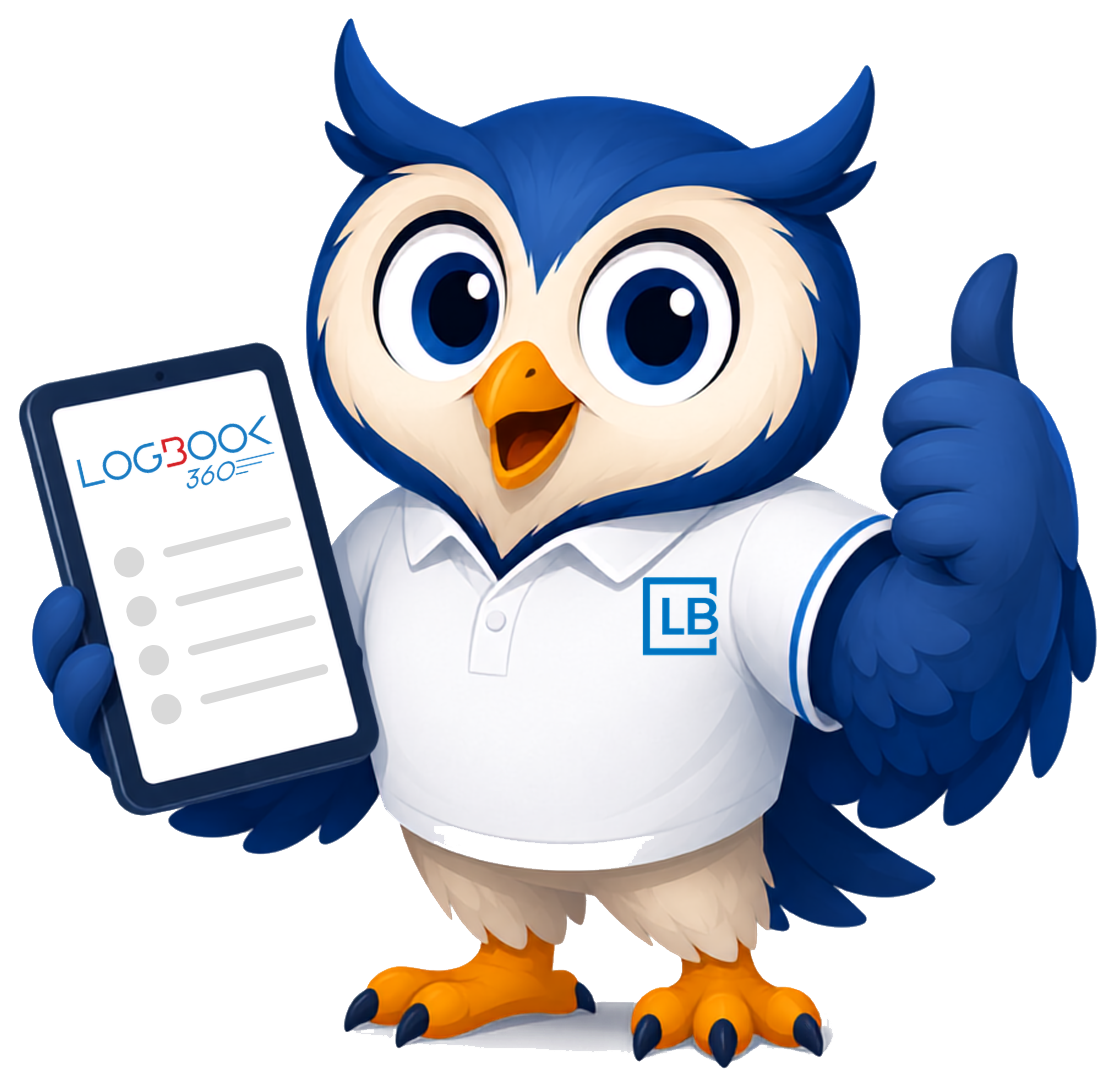 LogBook owl mascot holding the app