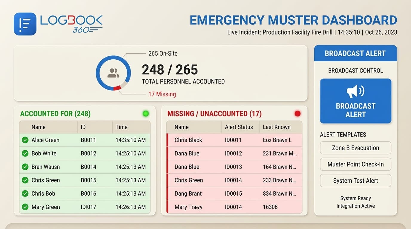 LogBook360 emergency muster dashboard showing live headcount and accounted-for visitors