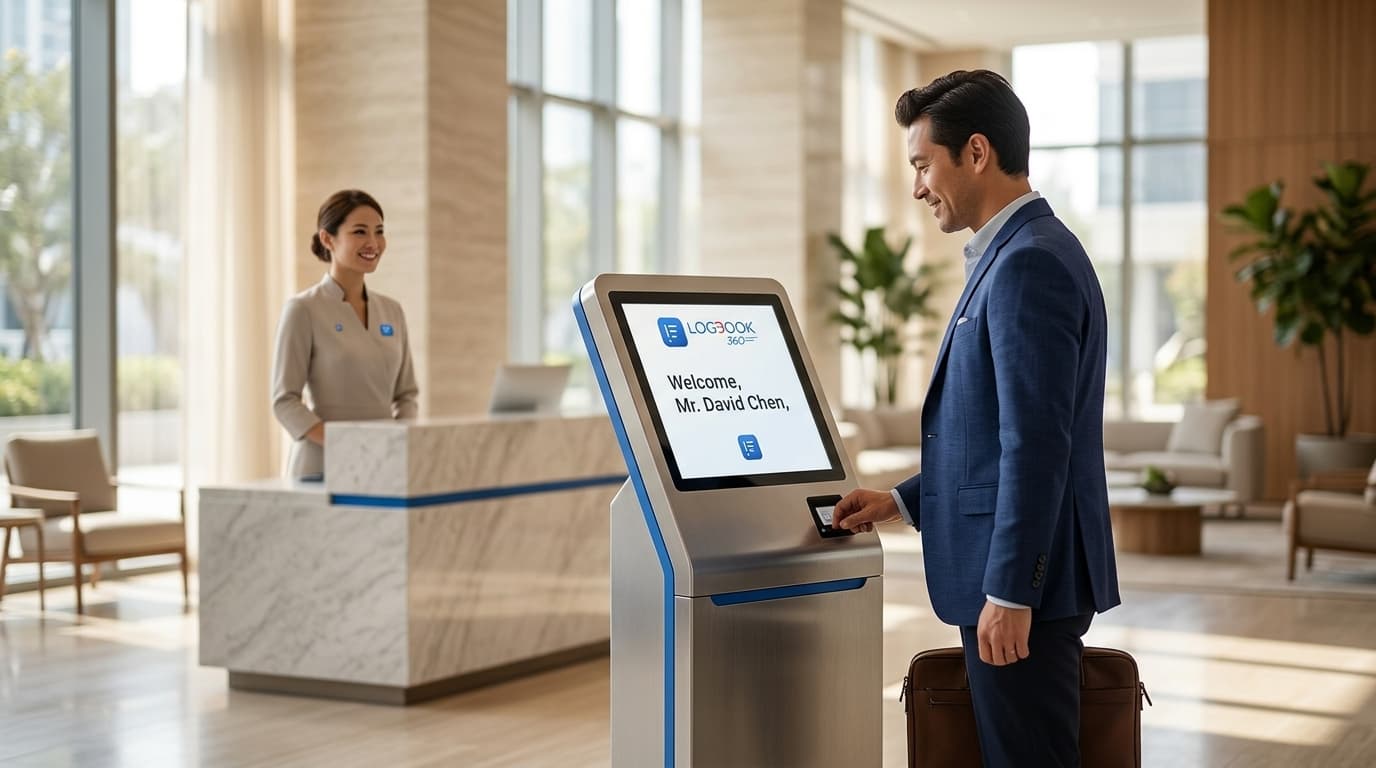 Guest checking in at a branded LogBook360 welcome kiosk in a modern lobby